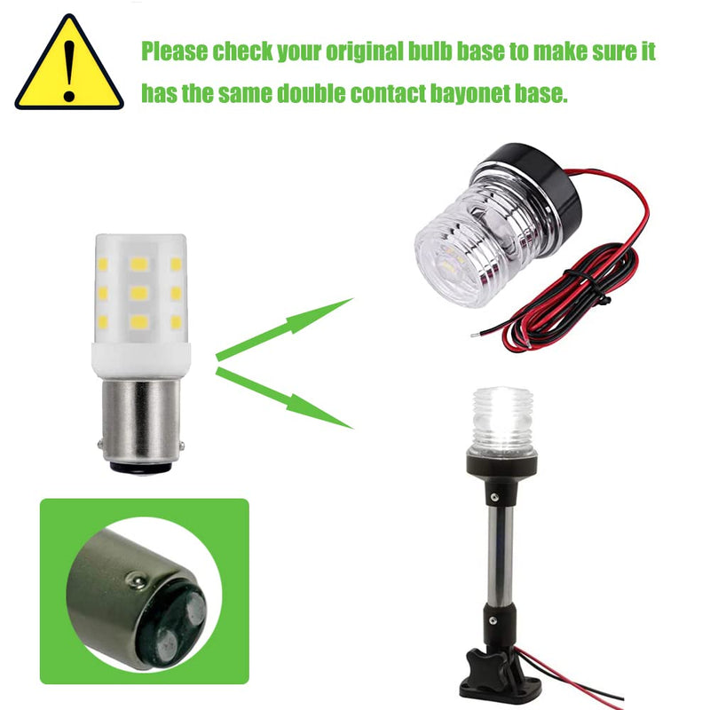 1076 1142 1004 90 LED Light Bulbs, BA15D Double Contact Bayonet Base for Marine Navigation Anchor Stern Lights RV Camper Trailer Motorhome 10-40VDC 2W Cool White 2-Pack 1142 2W 2-Pack