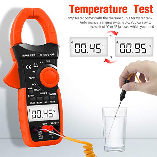 Digital AC/DC Volt Amp Clamp Meter,Wireless Bluetooth Auto Ranging 1000A Ammeter Clamp Multimeter for Voltage,Current,Ohm,Cap,Temperature Tester 2.YF-570S-APP AC DC Current Clamp with BT