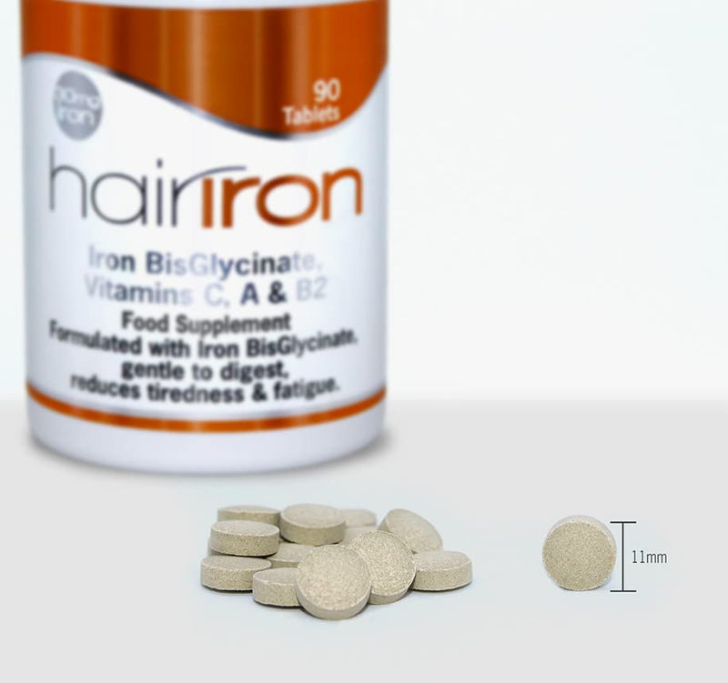 HAIRIRON - High Strength Iron Supplements - Gentle Iron BisGlycinate 30mg with Vitamins C, A & B2 Tablets, Vegan Supplements for Men & Women's Health - 90 Tablets.