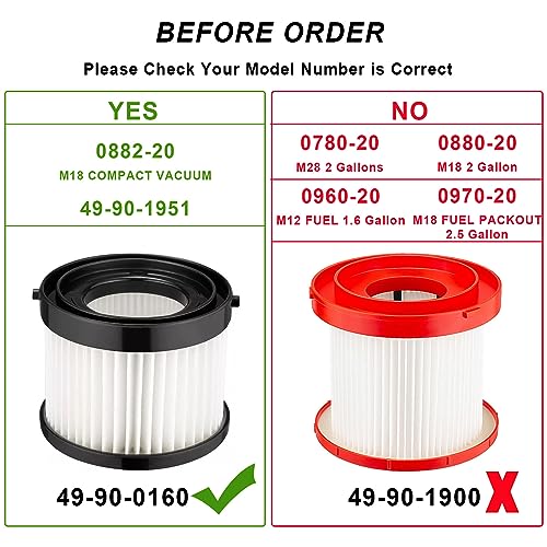 2 Pack 49-90-0160 HEPA Dry Vacuum Filter Compatible with Milwaukee 0882-20 M18, Fit for Milwaukee 49-90-1951 Compact Vacuum