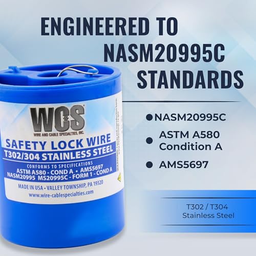 WCS .032 Stainless Steel Safety Lock Wire, T302/304, NASM20995C MS20995C, ASTM A580 Condition A, AMS569, Mechanics Wire for Aircraft, Automotive, & Industrial Use, 1lb Dispenser Can, Approx 362 ft .032 in 1 lb