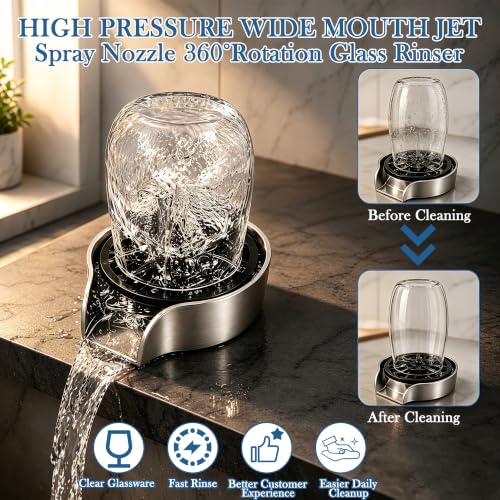 Brushed Nickel Metal Glass Rinser for Kitchen Sink, Cup Washer for Sink, Bottle Washer with Pull-Out Sprayer Combo High Pressure 360° Rotating Faucet