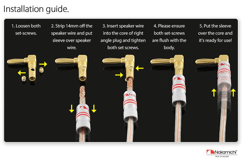 Nakamichi Excel Series 24k Gold Plated Right Angle Banana Plug 12-18 AWG Gauge Size 4mm for Speakers Amplifier Hi-Fi AV Stereo Home Theatre Audio Wire Cable Screw Connector, 4 Pcs (2-Pairs) 4 Pcs (2-Pairs)