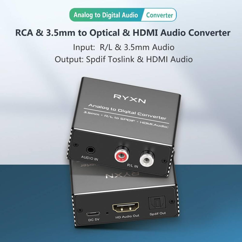Analog to Digital Audio Converter, RCA R/L and 3.5mm Audio to Optical Spdif Toslink and HDMI Audio Out (Not HDMI ARC), for Home KTV TV DVD PC Soundbar Speaker