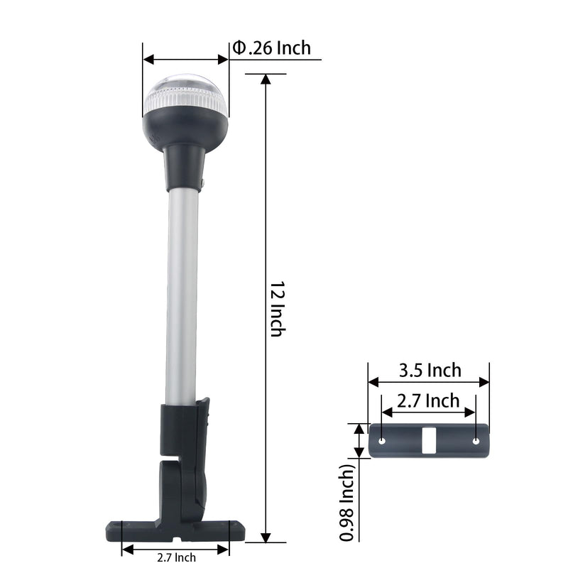 12-Inch Folding LED Navigation Anchor Light | Lightweight Anodized Aluminum Pole | Pontoon Boat Bimini & Stern Light | USCG 2NM | Horizontal Mount Base | 12V DC White Horizontal Mount，Folding base