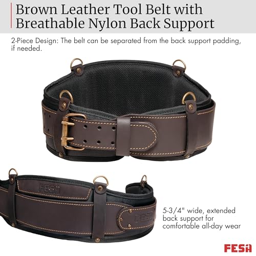FESA Padded Leather Tool Belt with Back Support Have D-rings for Suspenders Brown