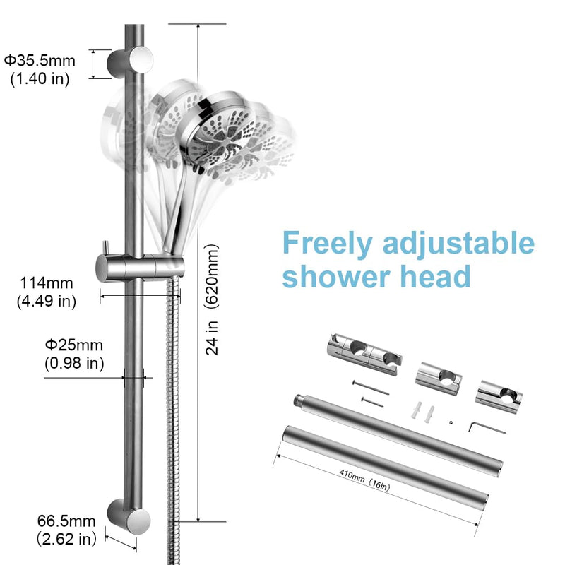 OFFO Shower Slide Bar 24 in Segmental Slide Bar Adjustable Installation Distance 18-24 in with 360° Adjustable Handheld Shower Head Holder for Bathroom, Screw Wall Mounted, Chrome Finish