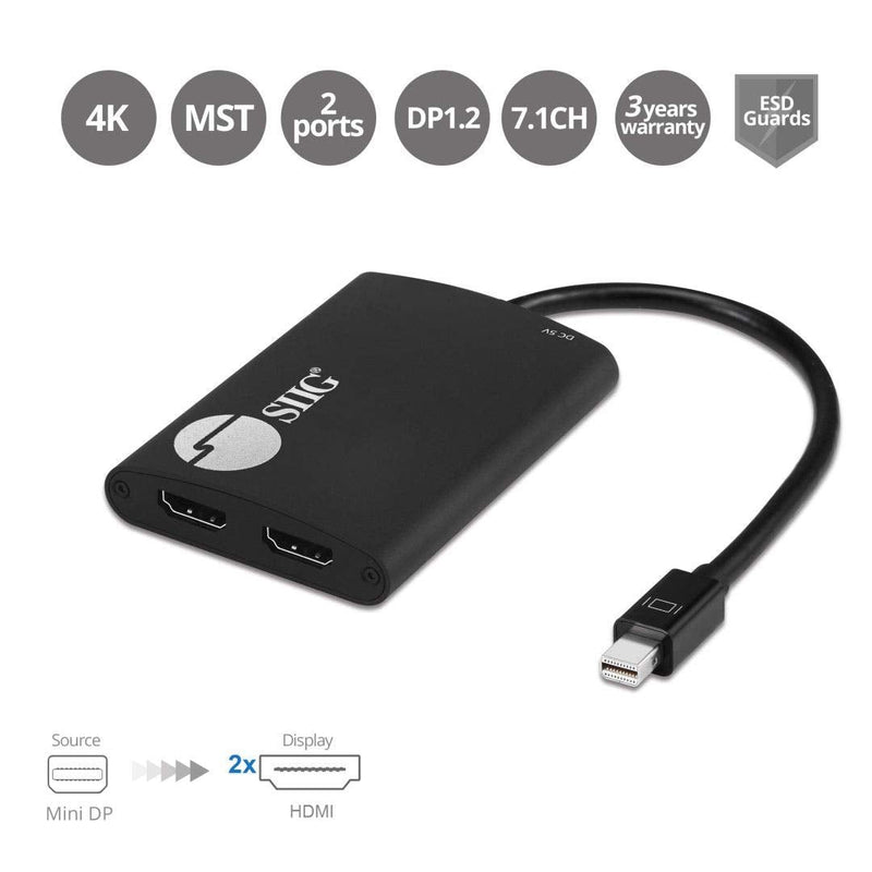 SIIG 2-Port Mini DisplayPort 1.2 to 2 HDMI MST Hub Video Splitter, DisplayPort Daisy Chain Monitor, Not for MacOS, TAA Compliant (CE-DP0L11-S1) 2x HDMI