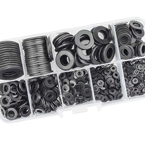 Black Zinc Plated Alloy Steel Flat Washers Set 580 Pieces, 9 Sizes - M2 M2.5 M3 M4 M5 M6 M8 M10 M12 Black Washers Assortment Kit (580 Pieces)