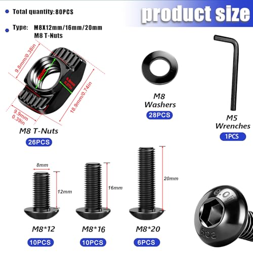 Taiss 80PCS M8 T-Nuts Screws Kit for 4040 4080 Series Aluminum Extrusion Black Carbon Steel M8x12/16/20mm Button Head Socket Cap Head Bolts and Drop in T-Nuts & Washers with Hex Wrench 80pcs 40 Series T-Nuts Screws Kit