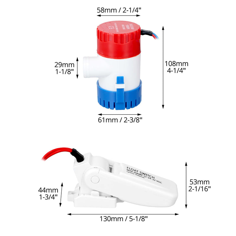 QWORK 1100 GPH 12V DC Automatic Bilge Water Pump and Float Switch Combo for Boats, Marine, RV, Aquariums - Compact, High Flow
