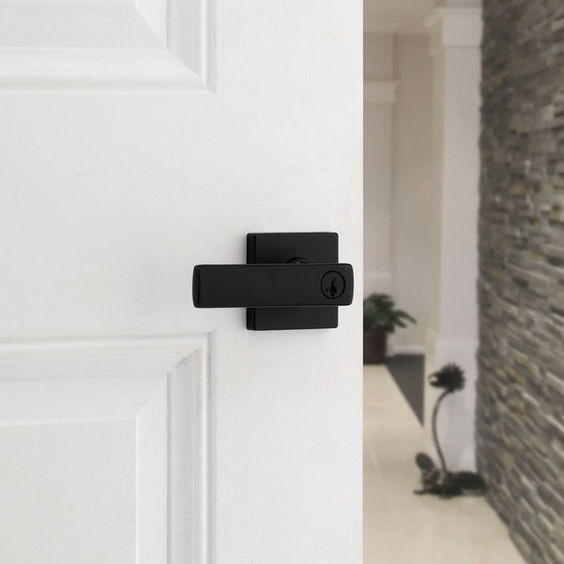 Kwikset Breton Entry Door Handle with Lock and Key, Secure Keyed Reversible Lever Exterior, For Front Entrance and Bedrooms, Matte Black , Pick Resistant Smartkey Rekey Security and Microban 1 Pack Keyed Entry