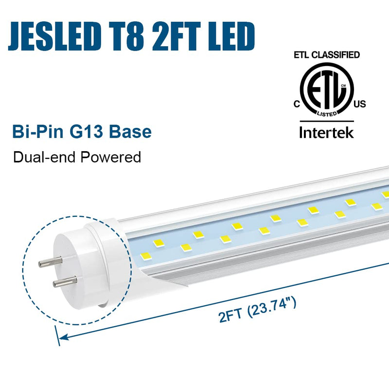 JESLED 2FT T8 LED Tube Light, 12W(30W Equivalent), 1680LM, 6000K, Ballast Bypass, 24 Inch F17T8 Fluorescent Bulb Replacement, Dual Ended, 24” Lighting Tube Fixture (4-Pack) 2FT-4Pack