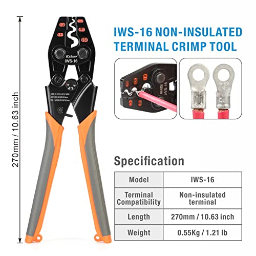 iCrimp Non Insulated Terminal Crimper, AWG 22-6 Ratchet Wire Crimper Tool for Battery Cable Terminal, Copper Butt Connector, Splice Wire Connectors IWS-16 AWG22-6