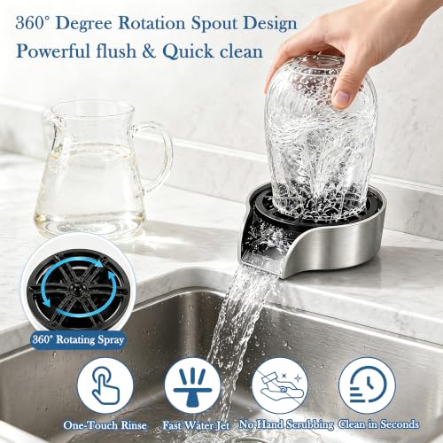 Brushed Nickel Metal Glass Rinser for Kitchen Sink, Cup Washer for Sink, Bottle Washer with Pull-Out Sprayer Combo High Pressure 360° Rotating Faucet