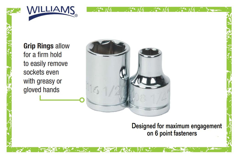 Williams 12-Piece 3/8 Inch Drive Shallow Metric Socket Set, Includes Sizes 8 to 19 mm, Designed for 6 Point Fasteners, Durable Alloy Steel, High-Polished Chrome Finish
