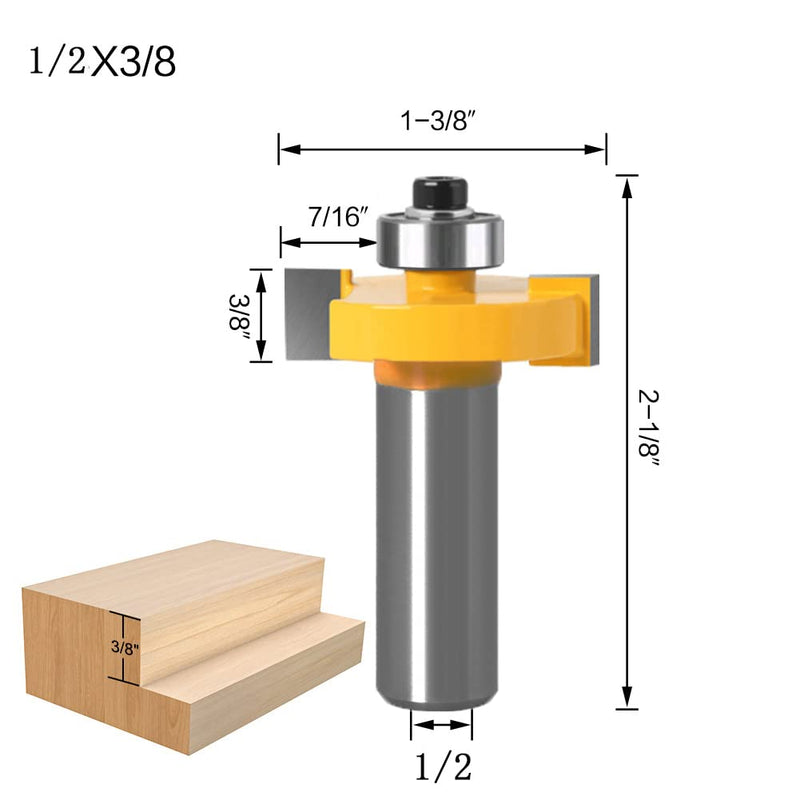 1/2 Inch Shank Rabbet Router Bit Set, 3 Pieces Rabbeting Router Bit with 6 Bearings Set (1/8", 1/4", 5/16", 3/8", 7/16", 1/2" Bearings) (1/2 Inch) 1/2 Inch shank