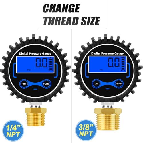 MEANLIN MEASURE 0-300PSI Digital Pressure Gauge with Rubber Cover, Lower Mount, Accuracy 1%, Resolution 0.1psi, with 1/8" x 1/4" and 1/8" x 3/8" NPT Hex Bushing 0 - 300 PSI Lower Mount (1/8 NPT)