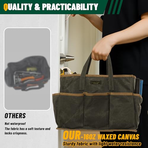 Tool Tote Bag, Heavy Duty 16oz Waxed Canvas Garden Tool Bag | Portable 11-Pocket Tool Storage Bag for Gardener Electrician Contractor Repairman (14"L x 5.5"W x 10.5"H) – Army Green ArmyGreen