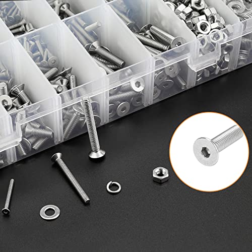 HELIFOUNER 1500 Pieces M2 M3 M4, 304 Stainless Steel Countersunk Head Socket Cap Metric Screws Bolts Washers Nuts Hardware Assortment Kit with Hex Wrenches
