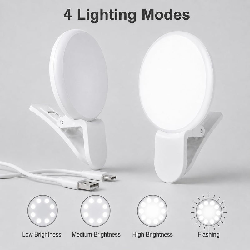 2Pcs Mini LED Ring Light for Phone, Rechargeable Clip On Selfie Light | Portable Adjustable Brightness LED Lighting for Video Recording, Compatible with iPhone, iPad, Laptop (White)