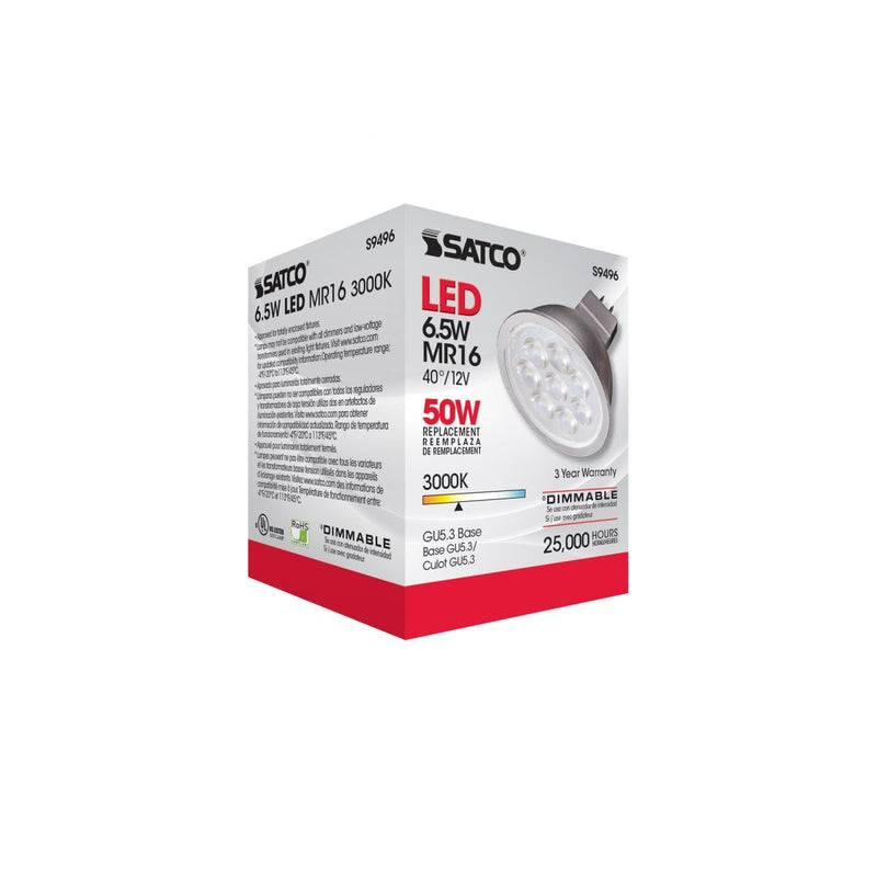 Satco Lighting 6.5 Watt Dimmable MR16 Low Voltage LED Light Bulbs - 3000K Soft White - 40 Degree Beam Angle - GU5.3 Base - 12 Volt AC/DC - 6 Pack