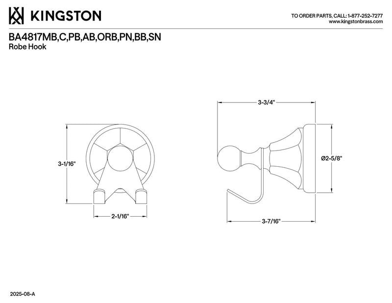 Kingston Brass BA4817ORB Metropolitan Robe Hook, Oil Rubbed Bronze