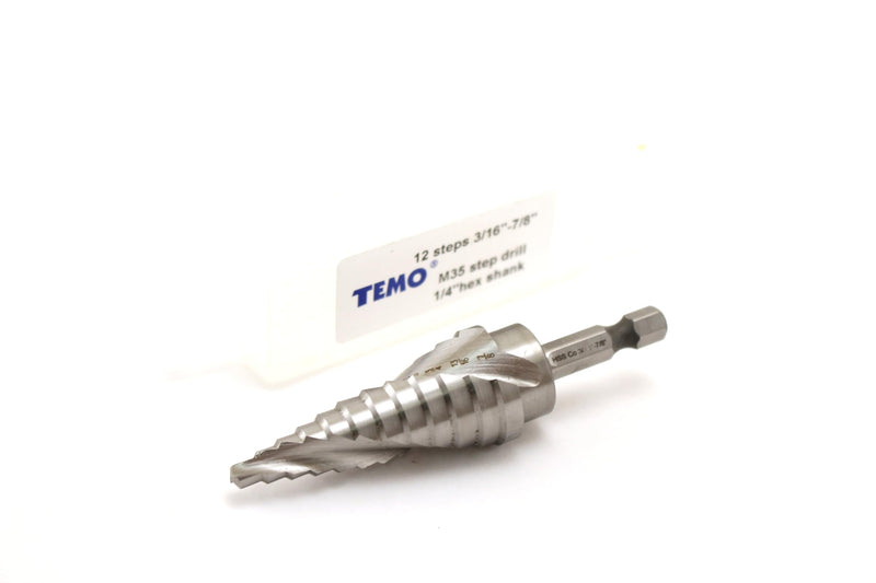 TEMO M35 Cobalt Spiral Flute Step Drill Unibit, 12 Size 3/16 Inch to 7/8 Inch, 1/4 Inch Hex Shank 3/16" - 7/8"