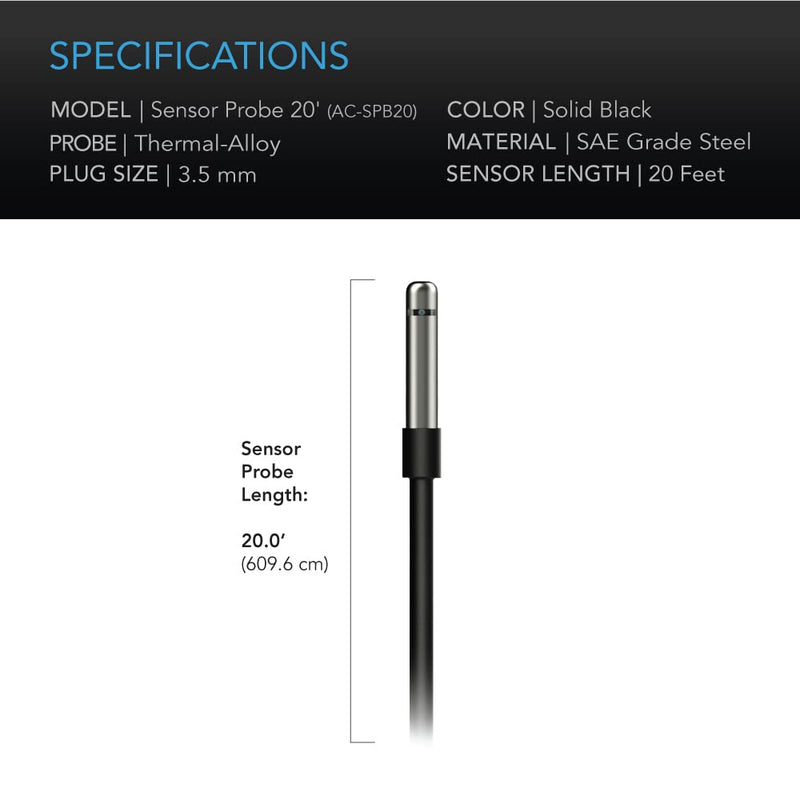 AC Infinity Controller Sensor Probe, Stainless Steel 20’ Waterproof Temperature Humidity Probe, Climate Detector for CLOUDLINE Airlift AIRTITAN AIRBLAZE CLOUDWAY T-Series Controllers 20 feet