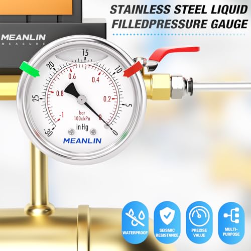 MEANLIN MEASURE -30inHG~0Psi Vacuum Gauge Stainless Steel Liquid Filled 1/4" NPT 2" FACE DIAL for Air Compressor HVAC Negative Pressure Hand Pump Pool Center Back Mount with Hex Bushing and 2PCS Snaps -30inHG-0Psi