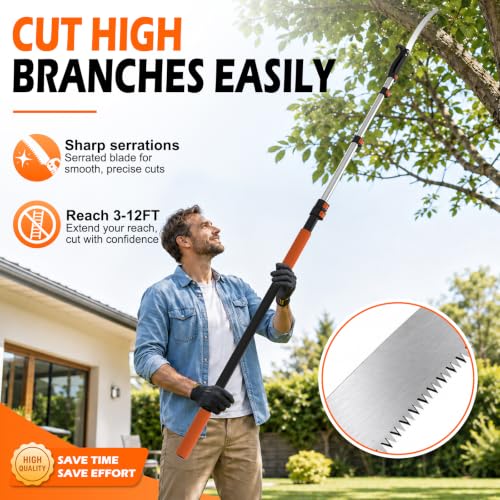 12FT Pole Saw, Tree Pruner Extendable with 3-12FT Extension Pole, Manual Trimmer for Yard Garden and Patios Cutting