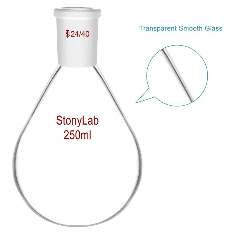 StonyLab Borosilicate Glass 250mL Heavy Wall Single Neck Recovery Flask Rotary Evaporator Flask, with 24/40 Outer Joint - 250mL 250 mL