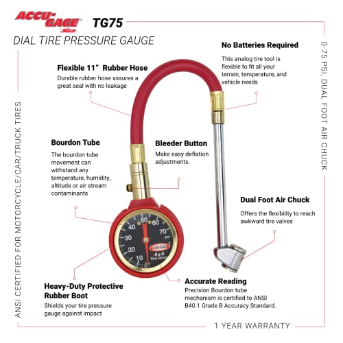  [AUSTRALIA] - Accu-Gage by Milton Dial Tire Pressure Gauge with Dual Foot Air Chuck and 11 in. Rubber Hose - ANSI Certified for Motorcycle/Car/Truck Tires (0-75 PSI)