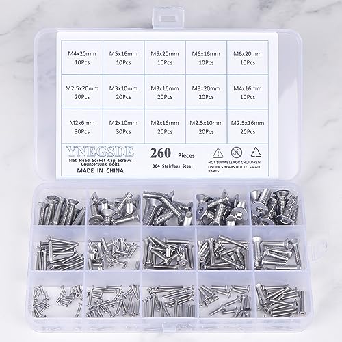 Flat Head Socket Cap Screws Countersunk Bolts M2 M2.5 M3 M4 M5 M6 Metric Screw Bolt Assortment 304 Stainless Steel Metric Machine Screws, Allen Socket Drive, Fully Threaded 260 Pieces