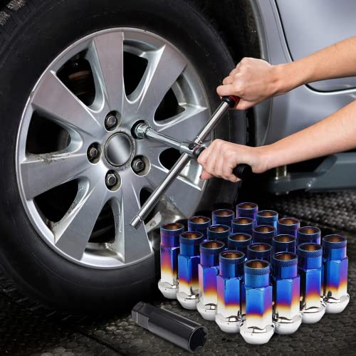 20 Pieces Chrome Lug Nuts, M12x1.25 Open End Wheel Nuts, Taper Acorn Seat, Closed End Bulge Acorn Lug Nut, Forged Locknut Racing Nut Set with 1 Nut Socket Key Fit for Various Cars- Red & Blue M12xP1.25 B