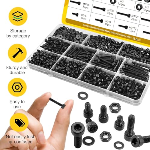 750PCS M3 Hex Socket Screw Assortment Kit,M3x6/8/10/12/16/20/25/30 mm M3 750pcs