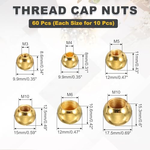 Thread Cap Nuts Knob, 60Pcs Ball Screw Caps - Electroplated Gold M3x9 M4x9 M5x12 M6x12 M10x15 M10x18 60