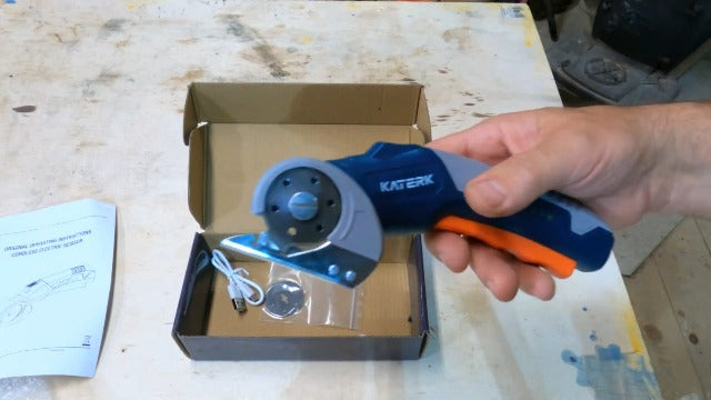 Katerk Cardboard Cutter Electric Box Cutter with Safety Lock & LED Light, Cordless Electric Scissors for Fabric Blue