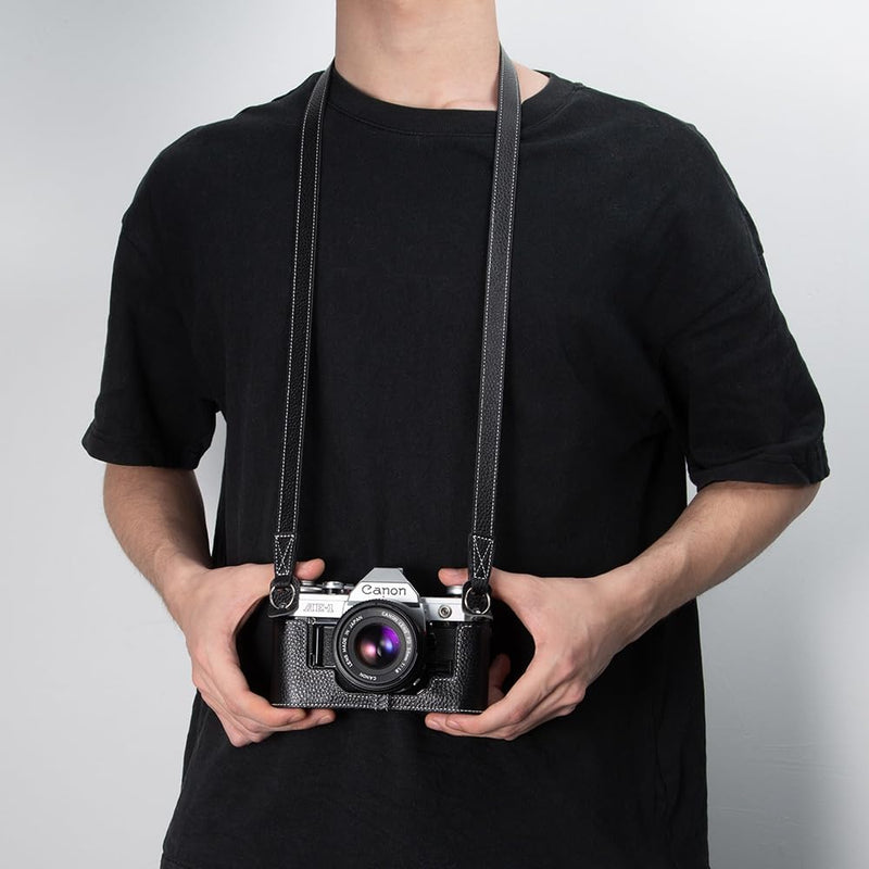 Genuine Vintage Handmade Leather Half Case for Canon AE-1 ae1 AE-1P Retro Protective Cover with Shoulder Strap (Black) Black