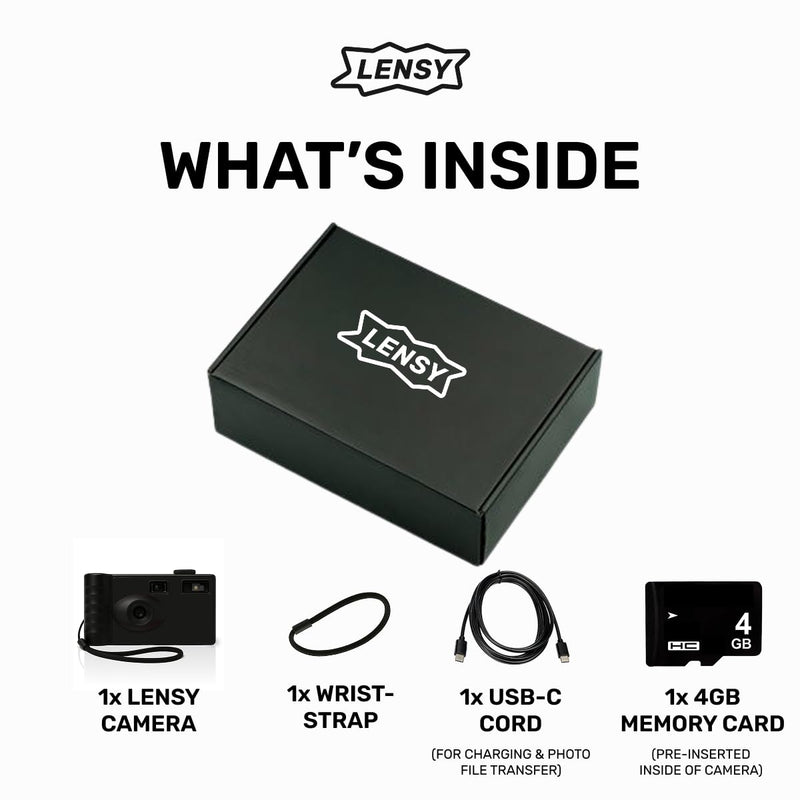 LENSY Screen Free Digital Camera | Four Built in Filters | Rechargeable, 8mp, Lightweight, Focus-Free, Auto-Flash, Easy-to-Use, Reusable, Retro Film-Style Photos (Matte Black) Matte Black