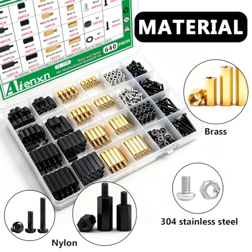 640PCS M3 Brass and Nylon Motherboard Standoffs Kit, Male Female Hex Spacer Standoff Screws Nuts Suitable for Circuit Board, PCB Board etc Yellow & Black 640PCS (M3)