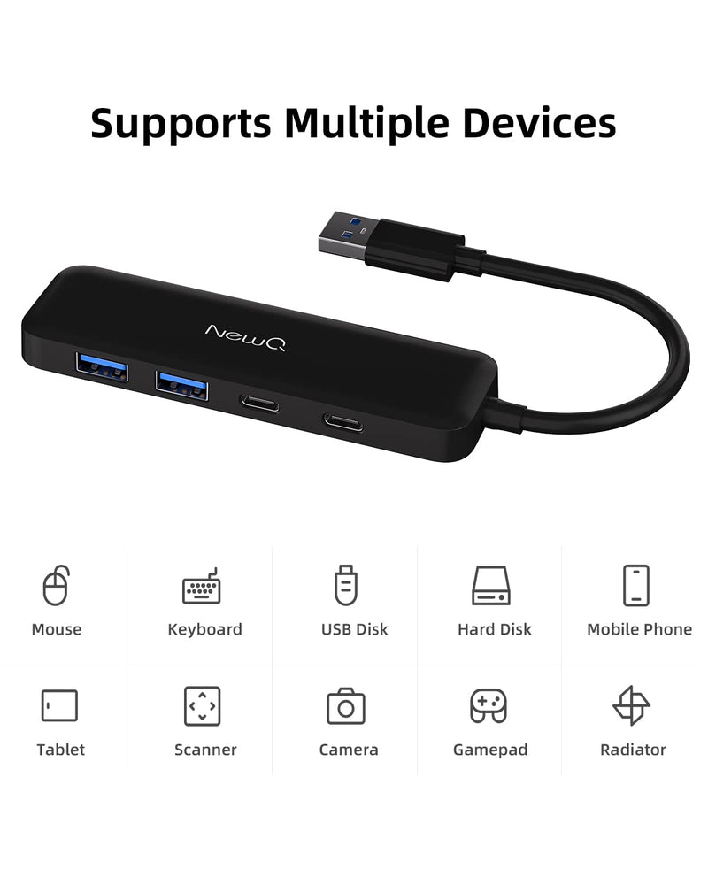 Dual USB C USB A 3.0 Hub: USB Hub 4 Ports with 2* USB-C 3.0 and 2* USB-A 3.0, Ultra Slim Portable USB Splitter Adapter for Laptop, PS4, Flash Drive, HDD, Xbox, Printer, Mouse, Keyboard, Computer 10cm