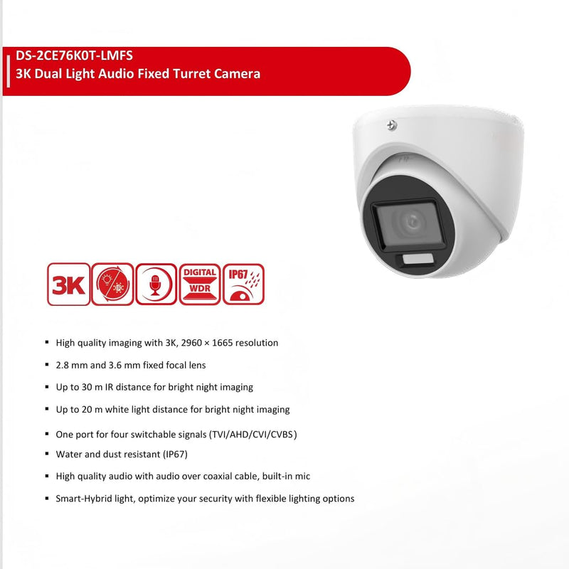 DS-2CE76K0T-LMFS 3K Smart Hybrid Light Turbo HD TVI Camera, Analog BNC coaxial, 4 in 1 (TVI/AHD/CVI/CVBS), IP67 Rated Weatherproof, 2.8mm Wide Angle Lens, Built-in Mic, Only Work with 8MP 4K DVR 3K TVI Camera