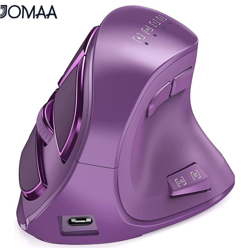 JOMAA Vertical Ergonomic Wireless Mouse, 2.4G and Bluetooth 5.0/3.0 Dual Mode, Silent, 3 Adjustable DPI Levels, Rechargeable, for Laptop/PC/Mac/iPad/Android Purple