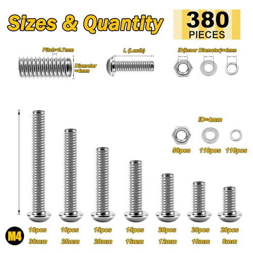 Mywish 380 Pcs M4 Screw Nuts and Bolts Assortment Kit, 304 Stainless Steel Button Head Socket Cap Metric Screws Bolts, Spring & Flat Lock Washers/Nuts/Hex Wrenches, M4*8/10/12/16/20/25/30 SIiver 380Pcs M4