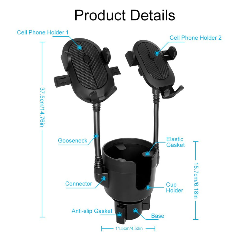 JINKEY Dual Cup Holder Phone Mount for Car，2-in-1 Adjustable Gooseneck Cradle with 360° Rotation Heavy Duty Universal Automobile Stand for Most 4"-6.7" i-Phone Mobile-Phone Holder | 2-in-1 Adjustable Gooseneck Cradle, 360° Rotation, Heavy Duty Universa...