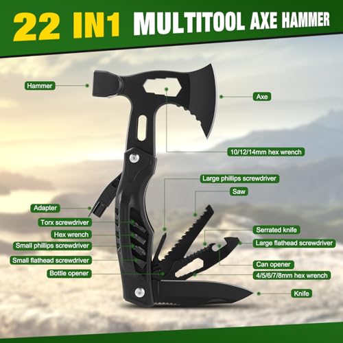 Fathers Day Dad Gifts from Daughter Son Wife, Upgrad 22 in 1 Camping Multitool Hammer Hatchet, Portable Camp Axe Screwdriver Set with Nylon Sheath, Birthday Gifts for Men Dad Upgraded Black Multitool