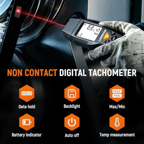 LODESTAR LD373 Non-Contact Digital Laser Tachometer, 100~30000 RPM Photoelectric RPM Meter with Reflective Tape, Max/Min Data Hold for Motor Fan Speed Test