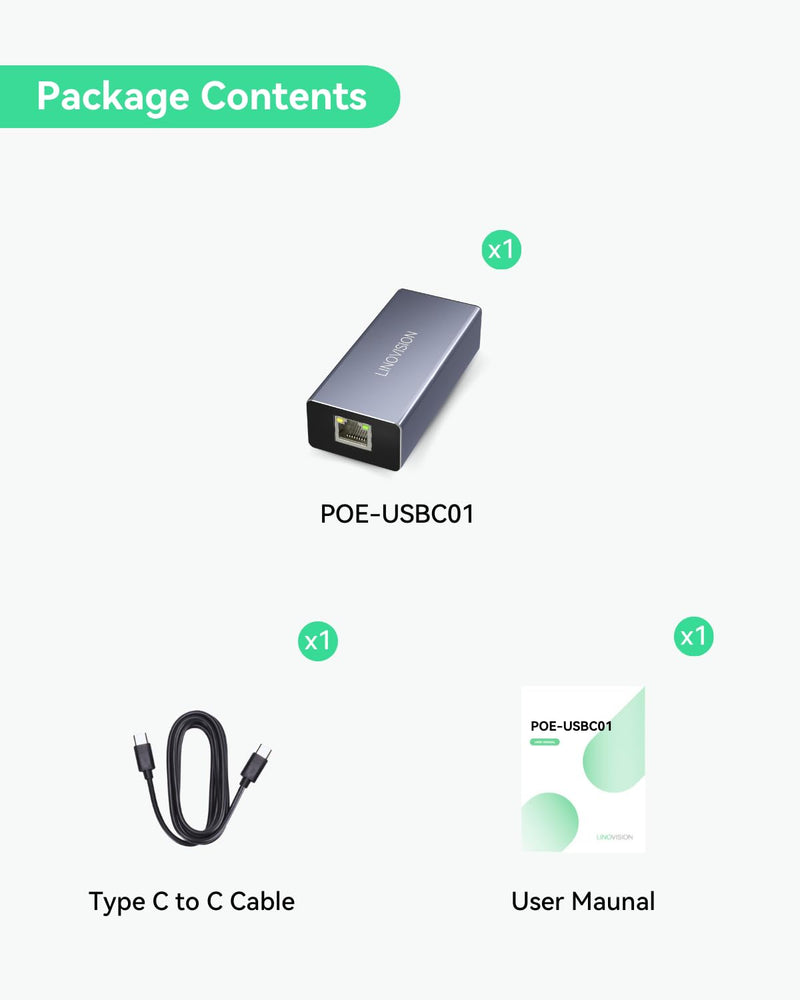 LINOVISION POE to USB-C Converter, Data and Charging Through One Cable, IEEE802.3af/at POE Convert to USB Type C with 10/100Mbps Ethernet, 9V/2.22A or 5V/2A Output, Suitable for Phones and Tablets