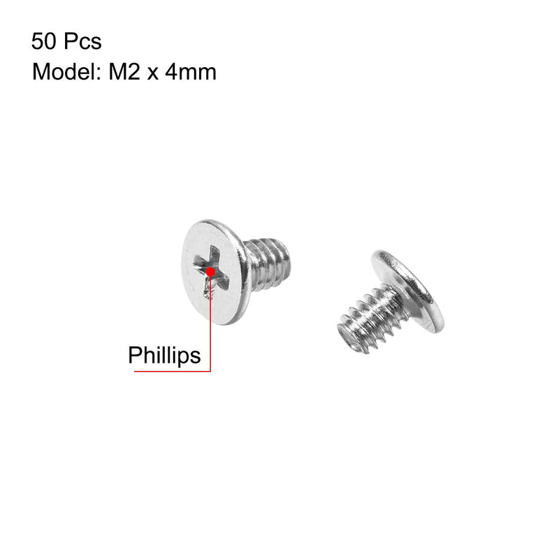 uxcell M2x4mm Phillips Screw Fastener Silver Tone 3.8mm Dia Screw Head for Laptop PC TV Fan Switch 50pcs